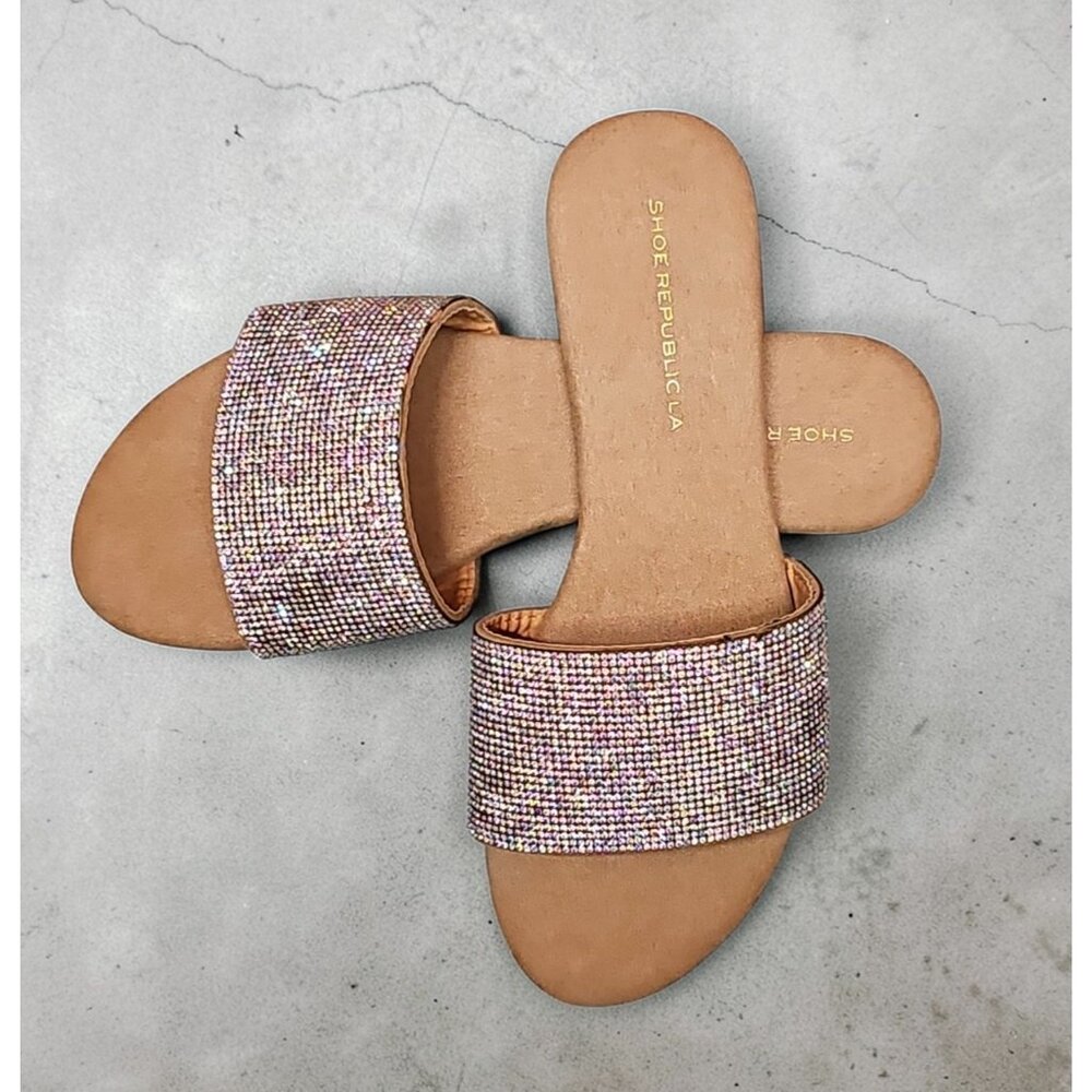 Rhinestone Embellished Slide Sandals Womens Sparkling Flat Slip-On Shoes